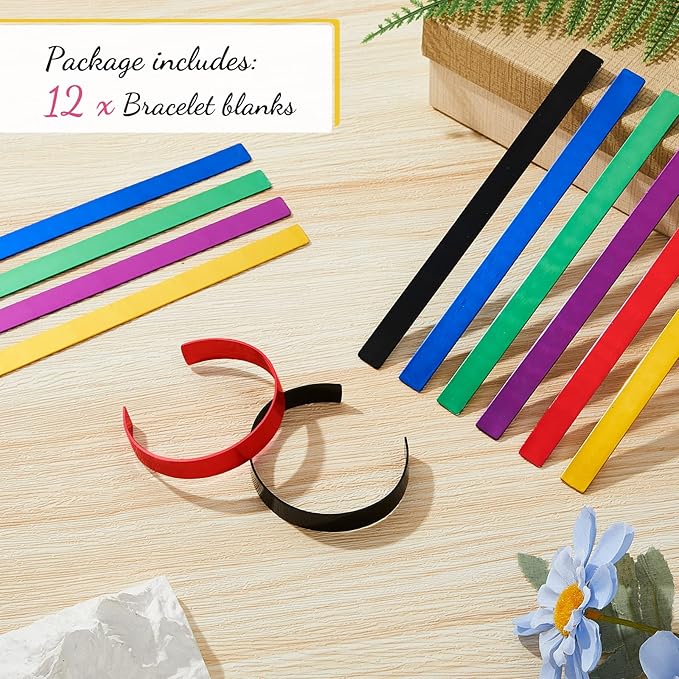 Lewtemi 12 Pcs Anodized Aluminum Bracelet Blanks Stamping Blanks Engraving Colorful Metal Stamp Bracelet for Jewelry Making DIY(7 x 0.5 x 0.05 Inch,Bright Color)