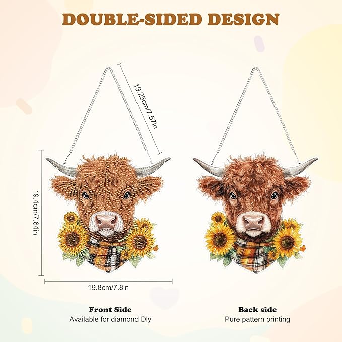 HEIBAGO Highland Cow Hanging Diamond Art Kits for Adults, Special Shaped Crystal Diamond Painting Ornament Kit, DIY Double-Sided Pattern Window Pendant Gem Art Kit for Home Wall Decor 8.3x8.3inch