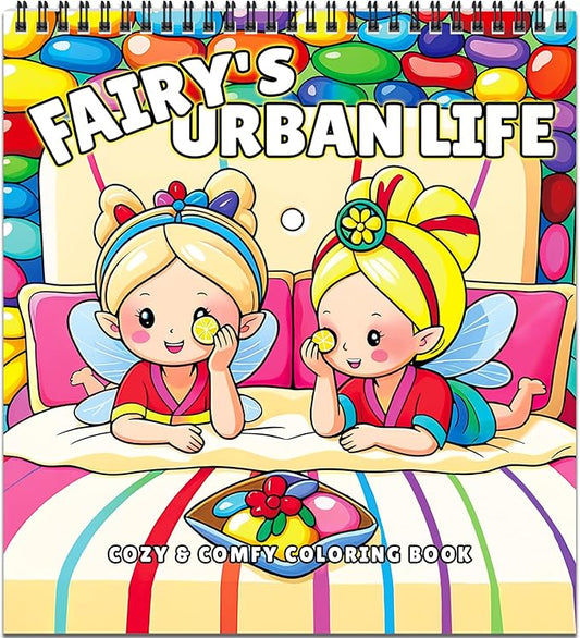 Cozy Coloring Book for Adults and Kids – Featuring Fairy’s Urban Life and Comfy City Flower Fairy Scenes, Bold and Easy, Cute Coloring Book for Teen Relaxation & Mindfulness Gift, Spiral Bound Design