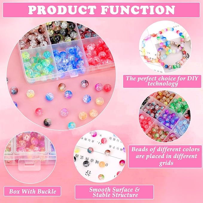 BONNY BOXX 600PCs 8MM Multicolor Acrylic Crackle Beads Set for Jewelry Making Crystal Crackle Lampwork Acrylic Round Beads for Bracelet Necklace Earring Accessories