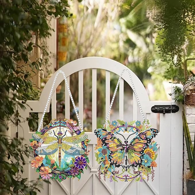 2 PCS Hanging Diamond Art Pendant Painting Kit Butterfly And Dragonfly, Special Crystal Gem Craft Painting Set ,Hanging Diamond Painting Art Wind Hanging for Home Window Door Decor(7.87X7.87 in)