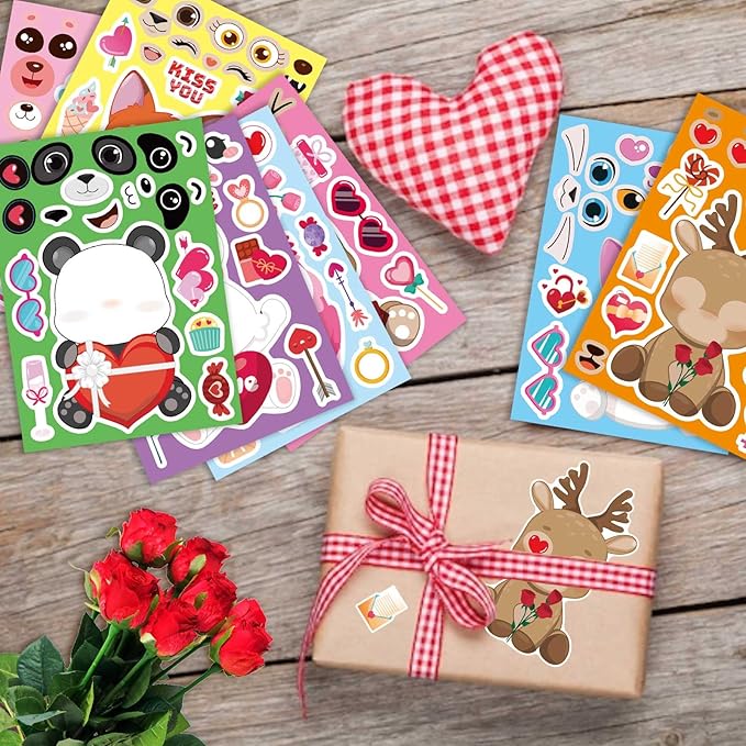 32 sheets valentine stickers for kids, valentine's day make a face stickers, make your own stickers 8 designs of animal owl rabbit bear stickers for boys girls