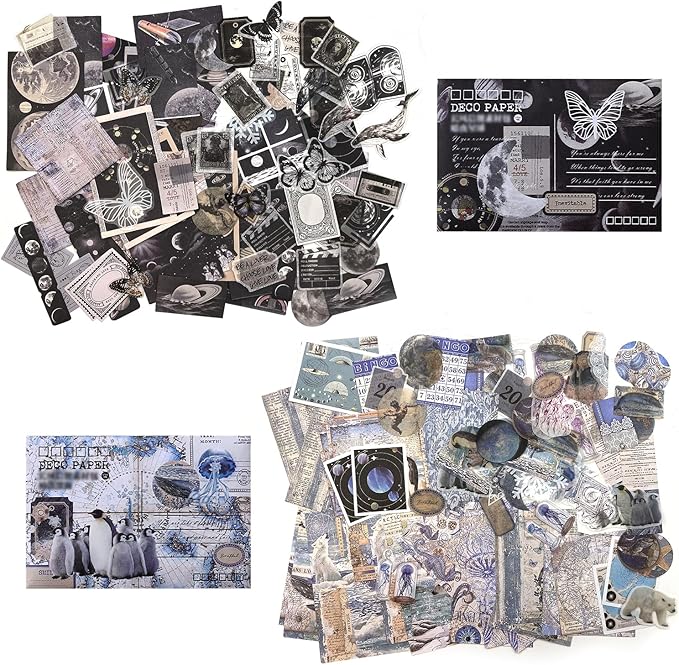 200Pcs Vintage Scrapbook Paper Sticker Kit,Starry Sky and Ocean Underwater Scrapbooking Decals for Junk Journal Supplies Card Making Stationery Album,Collage,As Gift