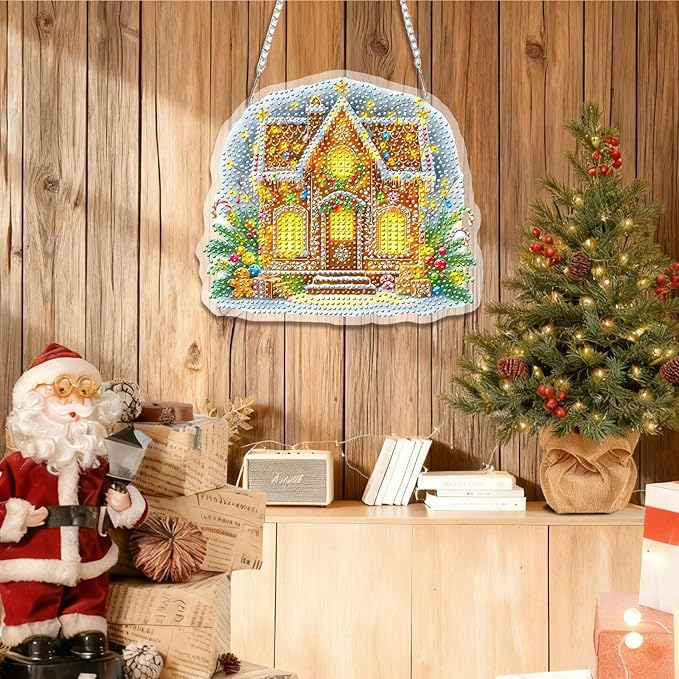 EMIEAUFG Christmas Diamond Art Hanging Kit for Adult, Xmas House Diamond Art Pendants, Double Sided Acrylic & 5D Special Shaped Rhinestone, Christmas DIY Ornament for Window Home Wall Decor