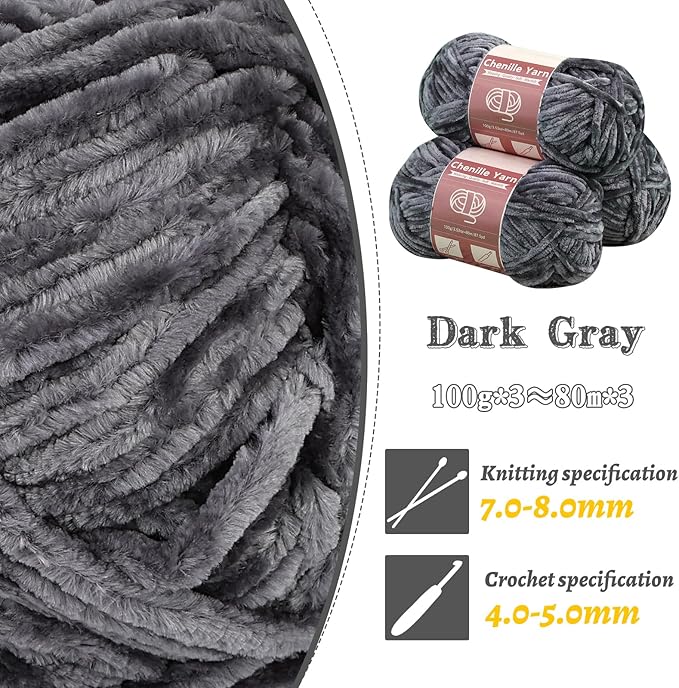 LUNARM Chenille Yarn for Crocheting Knitting, 3 Skein 263 Yard Thick Soft Chunky Fluffy Weaving Plush Yarn for Blankets Clothes Pattern Creations with Big Eye Needles (Dark Gray)