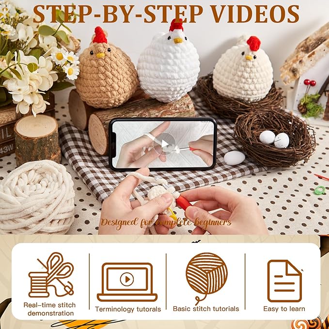 MAGIMUSE Crochet Kit for Beginners, Crochet Starter Kits for Adults Amigurumi Craft Knitting Crochet Animals Kits with Step-by-Step Video Tutorials, 3 Pcs Chicken (40%+ Yarn)