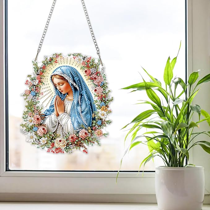NAIMOER Diamond Art Hanging Kits for Adults Religious Virgin Mary 5D Special Shaped Rhinestone, DIY Acrylic Diamond Art Painting Window Pendants Home Garden Wall Hanging Ornament Kits, Double Sided