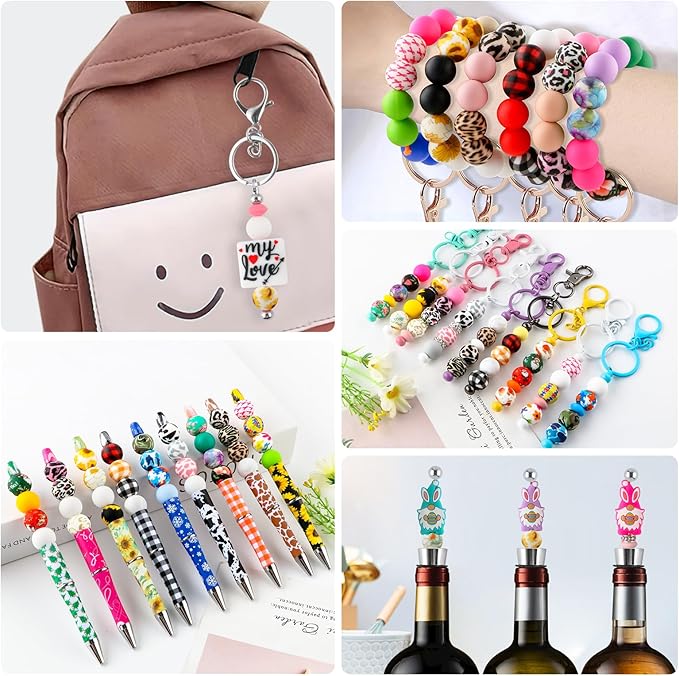 70Pcs Print Silicone Beads for Keychain Making,Round 15mm Silicone Beads for Pens, Necklace and Bracelets Making（Floral Print）