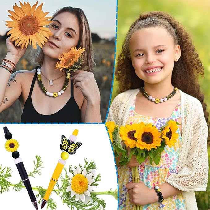 132pcs Butterfly Silicone Beads Bracelet Making Kit, 15mm Yellow Black White Round Silicone Bead Bulk, Sunflower Craft DIY Keychain Wristlet Jewelry Making with Elastic Rope