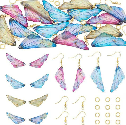 FASHEWELRY 16Pcs Resin Butterfly Wing Charms Yellow Pink Blue Feather Earring Charms Transparent Glitter Insect Wings Pendants with Jump Rings Earrings Hooks for DIY Earring Jewelry Making