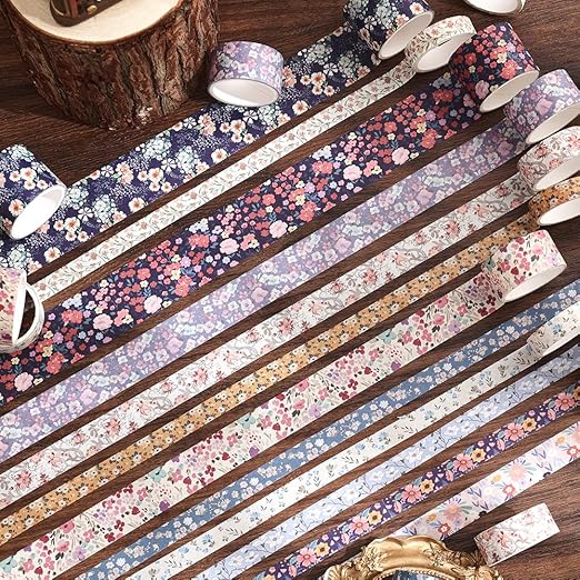 12 Rolls Floral Washi Tape Set - 0.4/0.6/0.8/1.2in Numerous Flowers Design Decorative Tapes for Journaling Scrapbooking Writable Vintage Scrapbook Supplies Letter Gift Craft Tape(Colorful2)