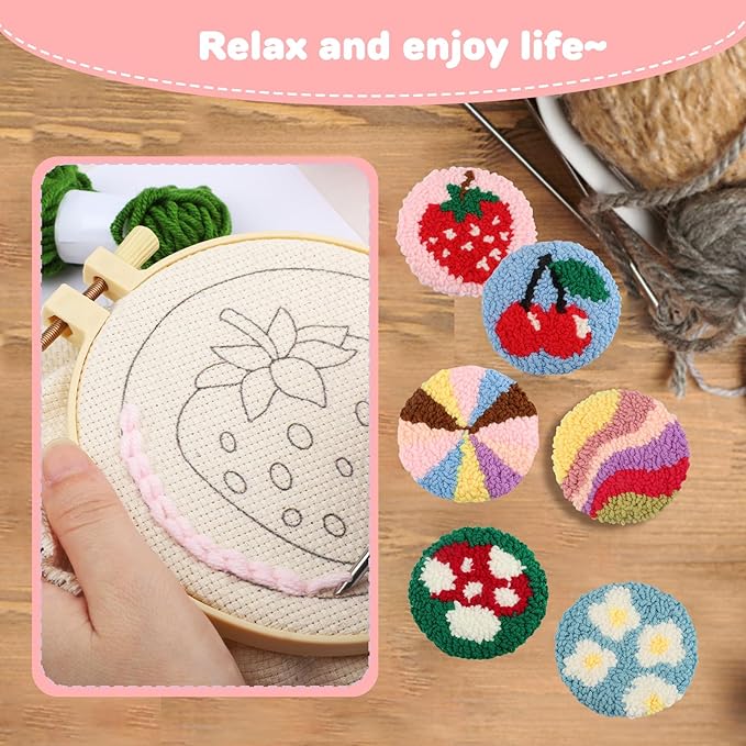 AIRDEA Punch Needle Drink Coasters Kit,Casual Punch Needle Embroidery Complete Kits for Beginner 3.29x3.29 Inches,Included All Accessories,DIY Car Coasters (Multicolored)