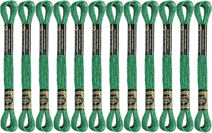 12 Skeins Embroidery Floss, Green Metallic Embroidery Thread Polyester Cross-Stitch Threads for Hand Embroidery String Art DIY Creation