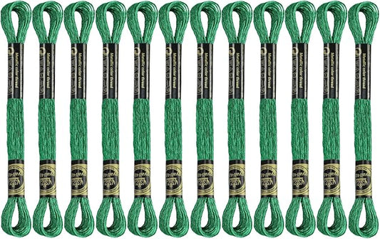 12 Skeins Embroidery Floss, Green Metallic Embroidery Thread Polyester Cross-Stitch Threads for Hand Embroidery String Art DIY Creation