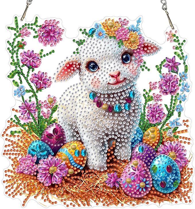 RICUVED Easter Diamond Art Hanging Kit for Adult, Sheep Special Shaped Diamond Painting Pendant Board Kit, Egg 5D Art Suncatchers Double Sided Hanging Window Ornament for Home Garden Decor