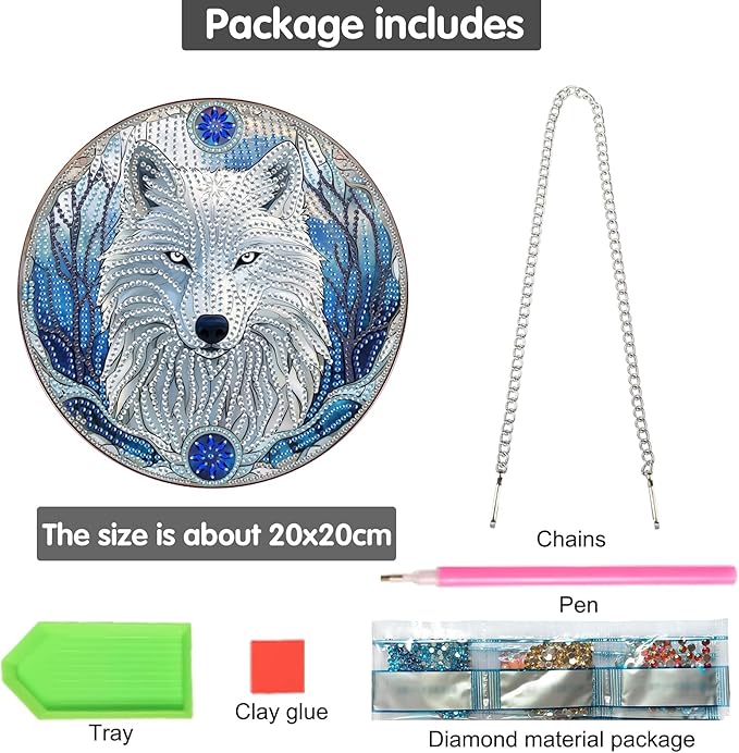 Bimkole White Wolf Diamond Art Hanging Kit for Adult, DIY 5D Diamond Art Animals Window Pendant, Acrylic Crystal Art Hanging Ornament Home Wall Garden Front Door Sign Outdoor Decor 7.8x7.8 Inch