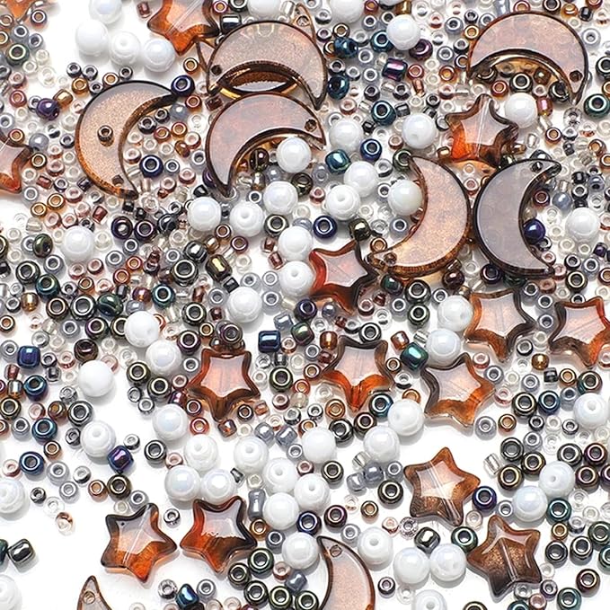 Mixed Star Moon Crystal Glass Beads Seedbeads Loose Round Pearl Beads for Jewelry Making Craft Bracelets Necklaces Earrings DIY Crafts Projects Coffee Glass Spacer Bead Kits for Crafts