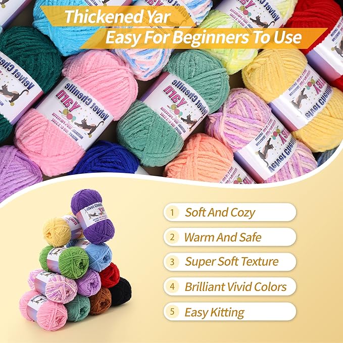 3 * 100g/3.5oz Fluffy Chenille Yarn for Crocheting, Chunky Velvet Yarn for Crochet Amigurumi, Used for Making Baby Yarns Blanket, Clothes, Pattern Knitting Creations (Candy Color)