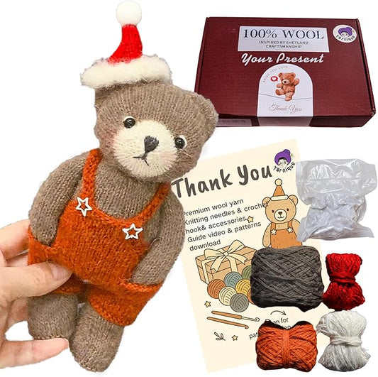 Yarnique Wool Bear Knitting Kit – Real Wool Amigurumi Kit for Adults with Video Tutorials | DIY Bear Crochet & Knitting Kit with Tools | Holiday Gift Craft Set（Overall