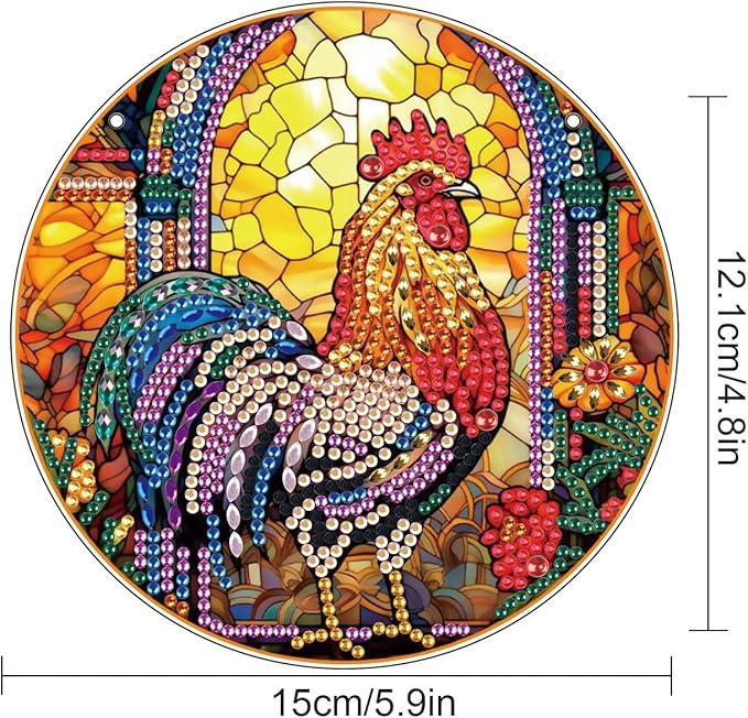 AiYuanzsh DIY 5D Diamond Art Hanging Pendant, Rooster Acrylic Rhinestone Ornament for Wall Door Window Decor, Diamond Painting Animal Craft Gift for Home or Christmas Decoration