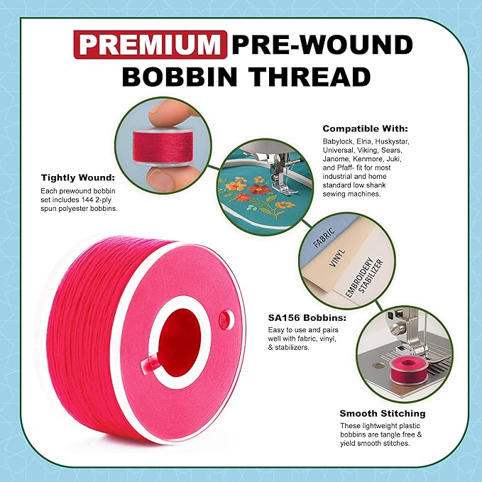 Mandala Crafts 144 Hot Pink SA156 Prewound Bobbins for Singer Sewing Machine -15J SA156 Prefilled Bobbin Thread for Brother Sewing Machine and Embroidery