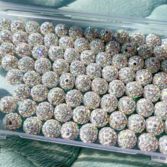 100 pcs 10mm Rhinestone Beads for Jewelry Making, AB Crystal Shiny Round Disco Ball Beads, Bulk Polymer Clay Rhinestone Bead Crystal Diamond Bead for Bracelet Necklace Earring Crafting