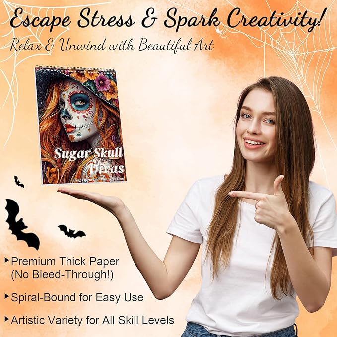 Sugar Skull Women Coloring Book for Adult Women Relaxation, Spiral Bound Printed On One Side, Adult Crafts, Relaxation Gifts, Thick Paper Non-Bleed