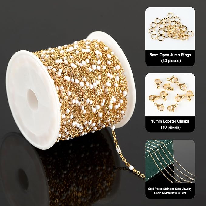 UMAOKANG 33 Feet Chains Bulk on Spool Gold Plated Stainless Steel White Bead Chain for Jewelry Making