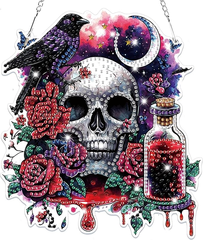 Bowetile Halloween Diamond Art Hanging Kits for Adults, Gothic Skull Diamond Art Suncatchers, 5D Special Shape Diamond Painting Pendant Window Ornament Gifts for Home Garden Door Wall Decor