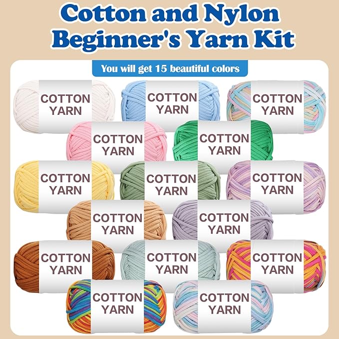 SIMEIQI 15×50g Beginners Yarn Kit for Crocheting and Knitting,Cotton Nylon Blend Yarn for Hand DIY Bag Basket Dolls and Cushion B