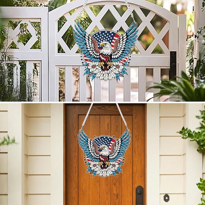 MXJSUA Eagle American Flag Diamond Painting Art Window Suncatchers, Diamond Art Kits for Adults Hanging Ornaments with Chain, 5D Special Shape Crystal Diamond Pendant Accessories for Decor Gift