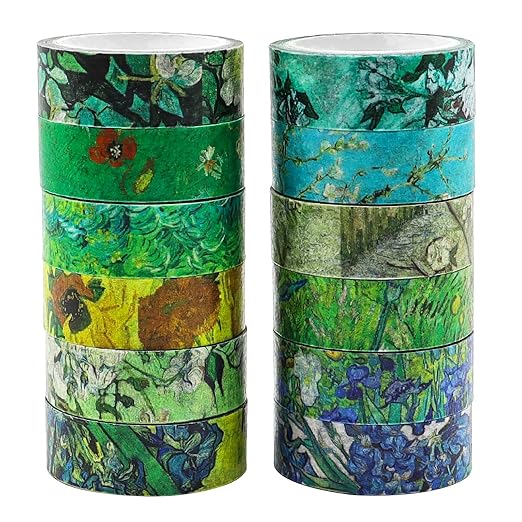 Berkin Arts 12 Rolls Art Floral Designs Washi Tape Set - 15 mm Wide Decorative Adhesive Masking Tape Cloisonnism for Scrapbooking Watercolor Vincent Van Gogh Series