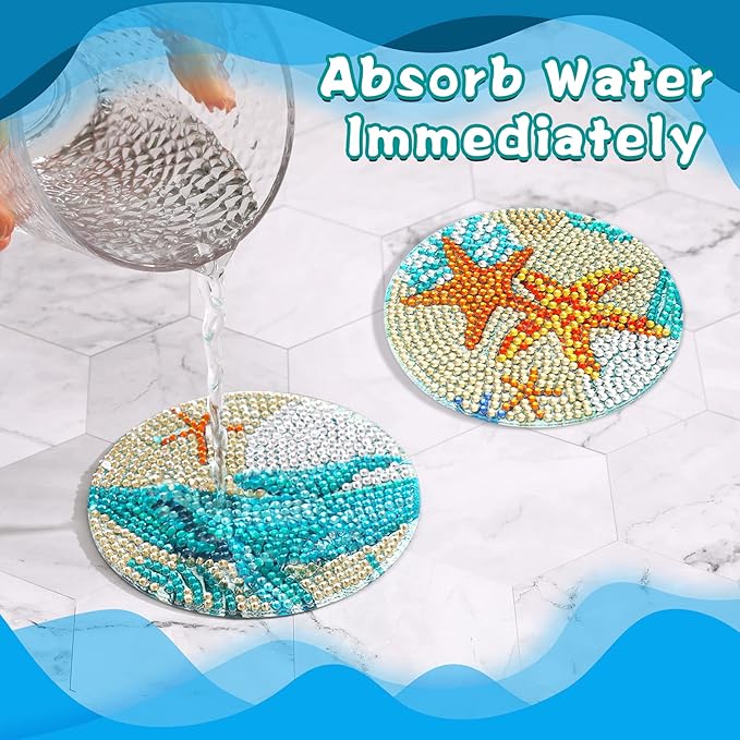 UPINS Ocean Diamond Art Painting Coaster Kit, 8Pcs DIY Crafts Kit with Holder, Non Slip Coaster Art Supplies for Adults, Ideal Christmas Gift
