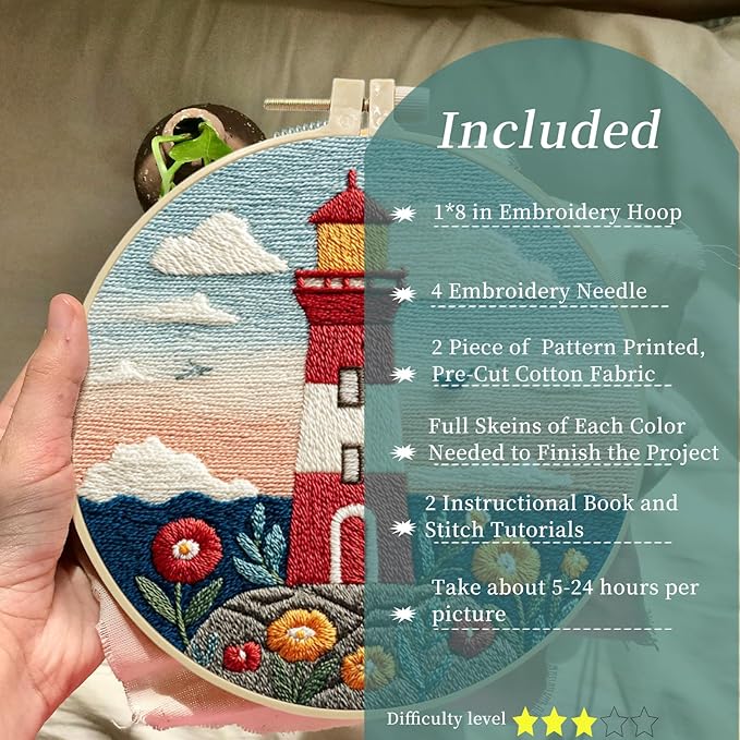 FONNUY Embroidery Kit for Beginners, Lighthouse Landscape Flowers Pre-Stamped Pattern Kits for Adults with Hoop, Easy to Follow Color Thread Needlework, 8'' Hoop (Blue and Orange)
