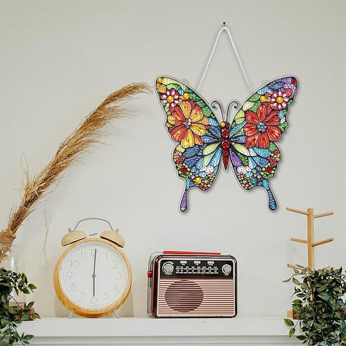 SKRYUIE Butterfly Hanging Diamond Art Kits for Adults Pendant Suncatcher, Special Shaped Crystal DIY Pearl Diamond Painting Kit, Gift for Mother Spring Summer Window Wreath Decor 7.49 x 7.56 Inch A25