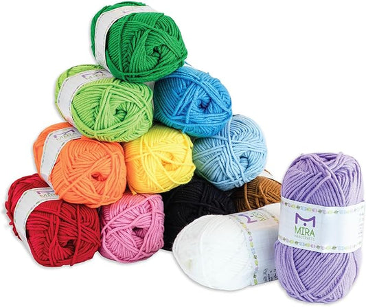 mira handcrafts 12 acrylic yarn skeins - crochet and knitting starter kit for colorful arts and crafts with 1,312 yards of multicolored thread - make amigurumi, granny squares, scarves, and throws