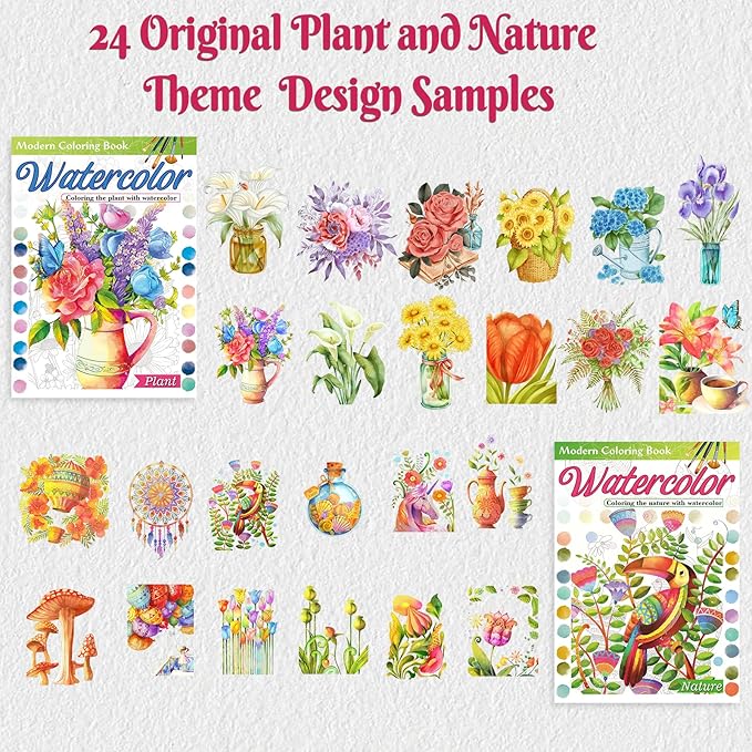 2Pcs Adults Water Coloring Book: 24 Advanced Exquisite Patterns – 100% Cotton 300gsm Paper, A4 Size – for Beginners & Professionals to Enhance & Consolidate Watercolor Techniques (Plant & Nature)