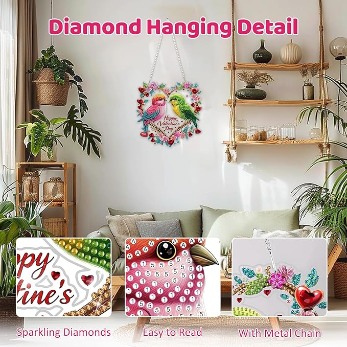 MEIYUDA Valentine's Day Diamond Art Hanging Kits for Adult, A Pair of Birds Diamond Painting Hanging Kits Ornaments, DIY Special Shaped Rhinestone Window Pendants kit for Home Garden Wall Decor Gift