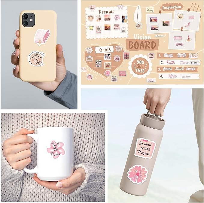Inspirational Vision Board Stickers, 100 Pcs Pink Affirmation Stickers Vision Board Supplies for Women Teen Gilrs, Positive Self Love Decals for DIY Scrapbook Journal Laptop Water Bottle