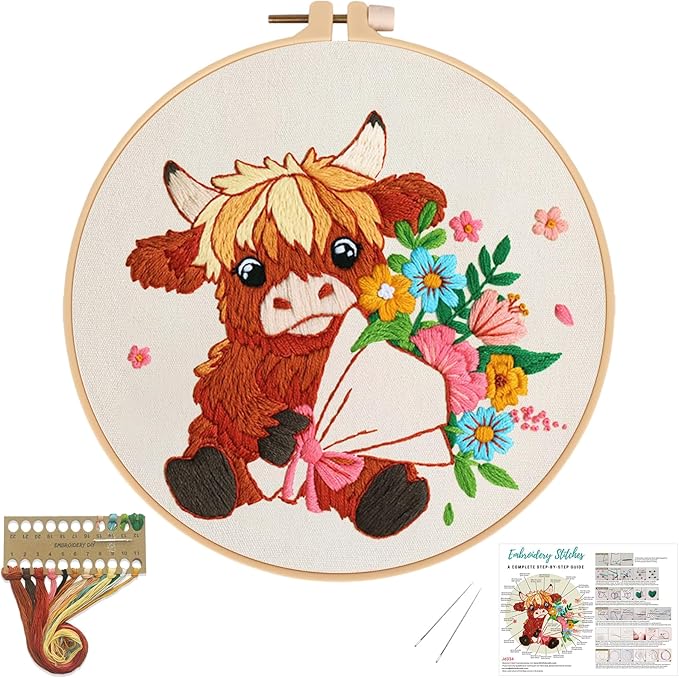Nuberlic Highland Cow Embroidery Kits for Beginners with Flowers Pattern, DIY Cross Stitch Starter Kits for Adults Including Cloth with Pattern, Hoop, Needles Instruction and Threads