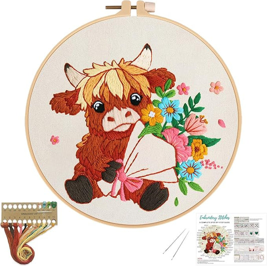 Nuberlic Highland Cow Embroidery Kits for Beginners with Flowers Pattern, DIY Cross Stitch Starter Kits for Adults Including Cloth with Pattern, Hoop, Needles Instruction and Threads