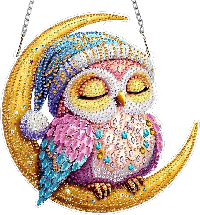 MXJSUA Moon Owl Diamond Art Hanging Kits for Adults Beginners, Crystal Diamond Suncatchers, Special Shape Diamond Painting Pendant Window Ornament Gifts for Home Garden Door Wall Decor
