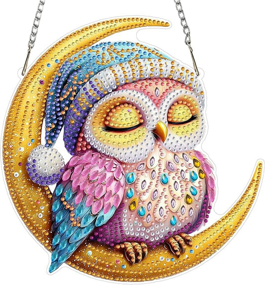 MXJSUA Moon Owl Diamond Art Hanging Kits for Adults Beginners, Crystal Diamond Suncatchers, Special Shape Diamond Painting Pendant Window Ornament Gifts for Home Garden Door Wall Decor