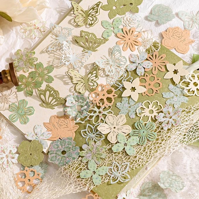 300PCS Vintage Scrapbook Paper Textured Journaling Scrapbooking Supplies Kit Hollow Out Decorative Craft Paper Assorted for Bullet Junk Journals Card Making Craft DIY, Encounter Garden