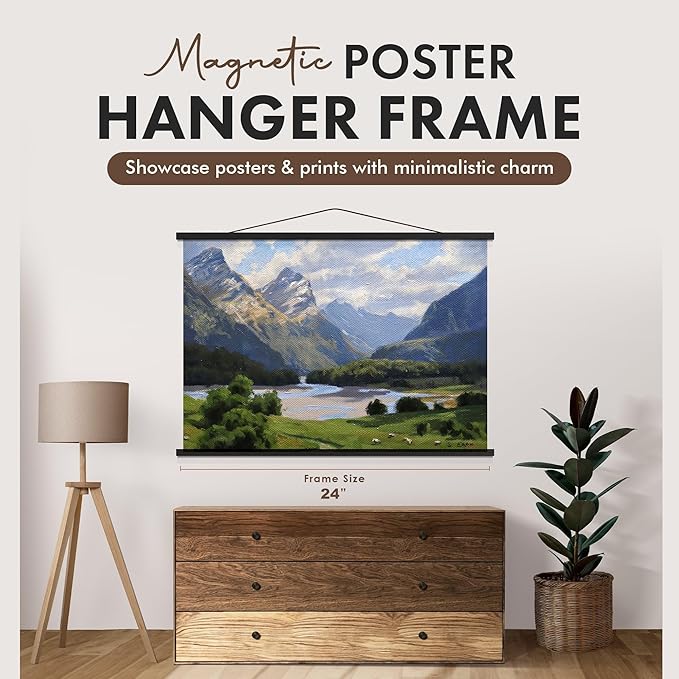 Travelization Magnetic Poster Hanger 24” Poster Frame with Strong Magnets, Complete Hanging Kit for Art, Maps, Pictures, and More, Fits 24x17, 24x20, and 24x36, Black
