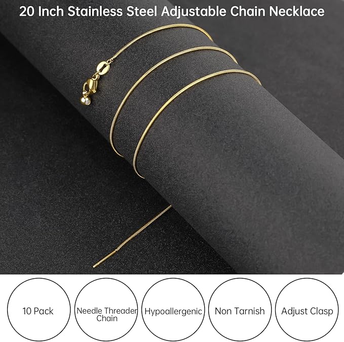 GTVOODX 10Pcs 18k Gold Plated Snake Chain Necklace Stainless Steel 1mm Threader Adjustable Necklace Bulk with Rubber Stoppers for Jewelry Making 20 Inches