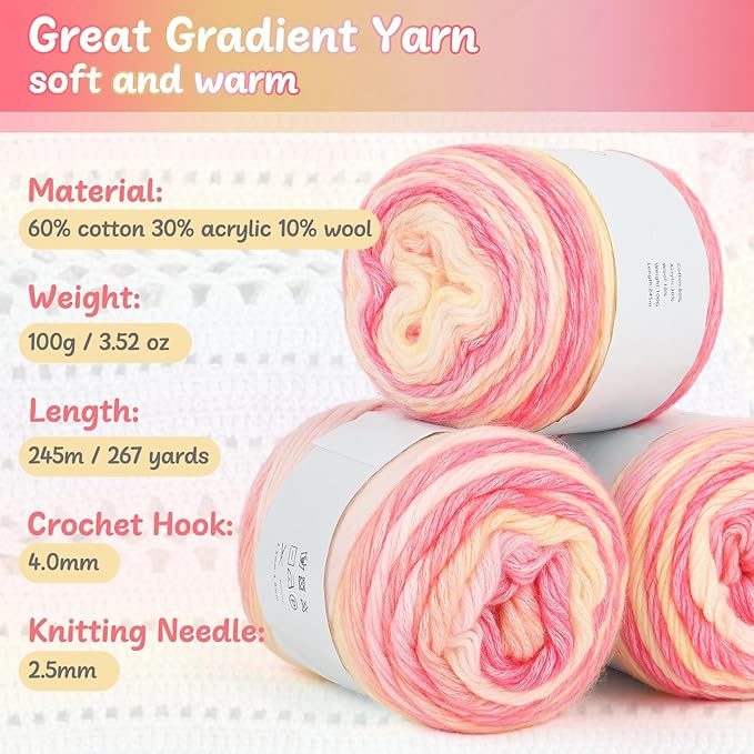 Aeelike Gradient Yarn, 6 Skeins Ombré Fairyland Yarn for Crocheting 100g (3.52 oz) 245m (267 Yards) # 3 Light Weight, Vibrant Cake Yarns for Making Colorful Blanket Scarves Hat, Pink Yellow Gradient