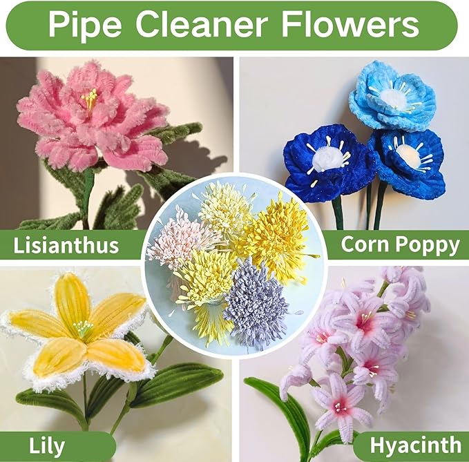 NafuXiaJJia 600 Pcs 6-Coloured Flower Stamens for Crafting,200 Pcs Pearls and 1 Roll Fluffy Yarn for Pipe Cleaners Crafting,Bouquet Accessories,Pipe Cleaner Flower Kit
