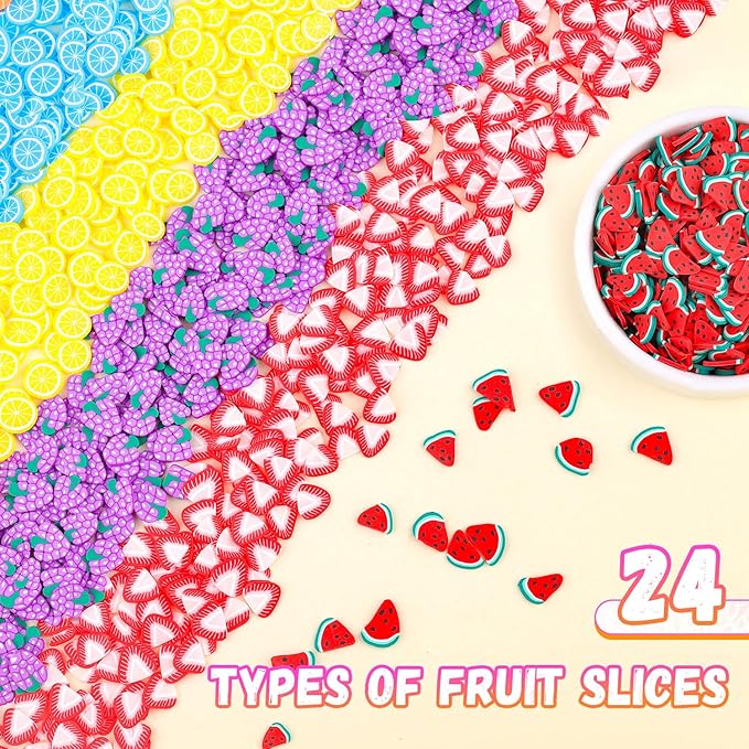 24-Grid TINKRSTUFF Fruit Slice Polymer Clay Slime Add Ins for Nail Art Fimo, Fake Sprinkles Scrapbooking Embellishments & Lip Gloss, Bulk Slime Mix Ins Assorted Fruits Accessories for DIY Crafting