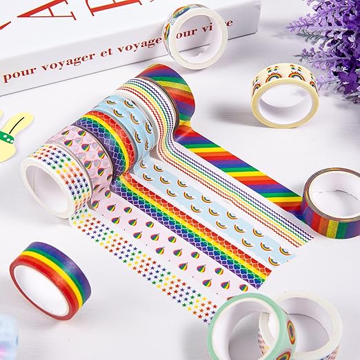 Whaline 12 Rolls Rainbow Washi Tape Gay Pride Day Washi Masking Tape Colorful Heart Love Decorative Paper Stickers for Birthday Gay Pride Day Scrapbook Gift Wrapping DIY Art Crafts
